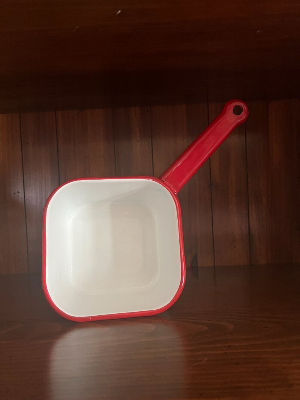 Vintage Enamelware Sauce Pan Square Shaped White with Red Trim One Quart